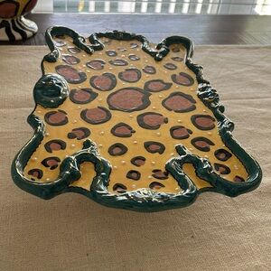 With Love Joanne Delomba Lotus  Leopard Turquoise Gold Rim Footed Tray
